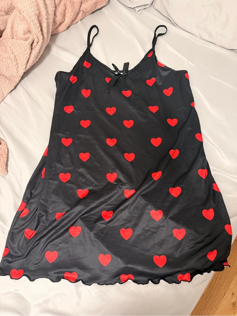 Black Satin Slip Dress with Red Heart Print - Women's Chemise
